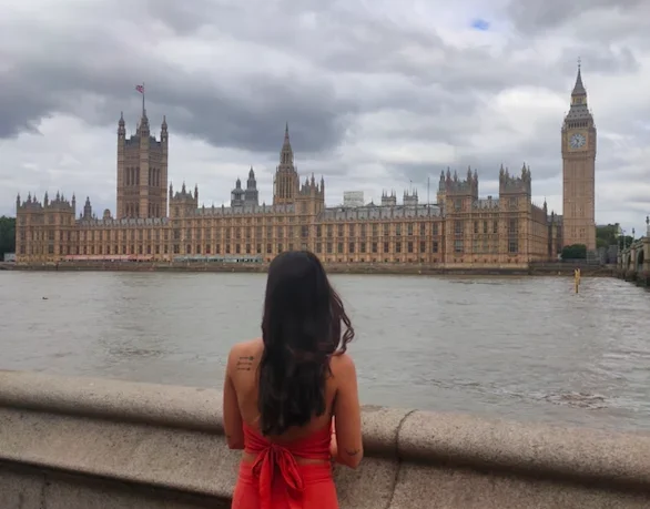 Persona observando el Palacio de Westminster y Big Ben desde el borde del río Támesis en Londres, capturando la belleza arquitectónica