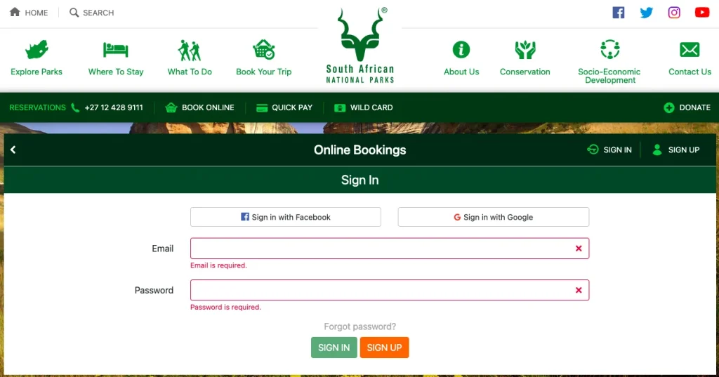 Pagina de registro en SANparks para reservar los alojamientos en el Kruger