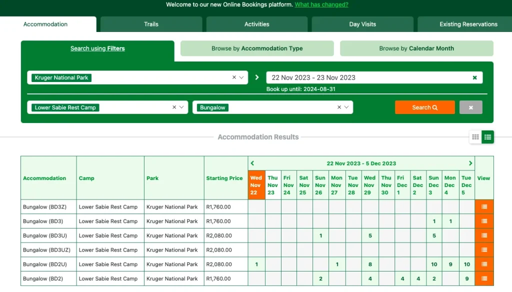 cómo reservar en la pagina web de SANparks para reservar los alojamientos en el Kruger