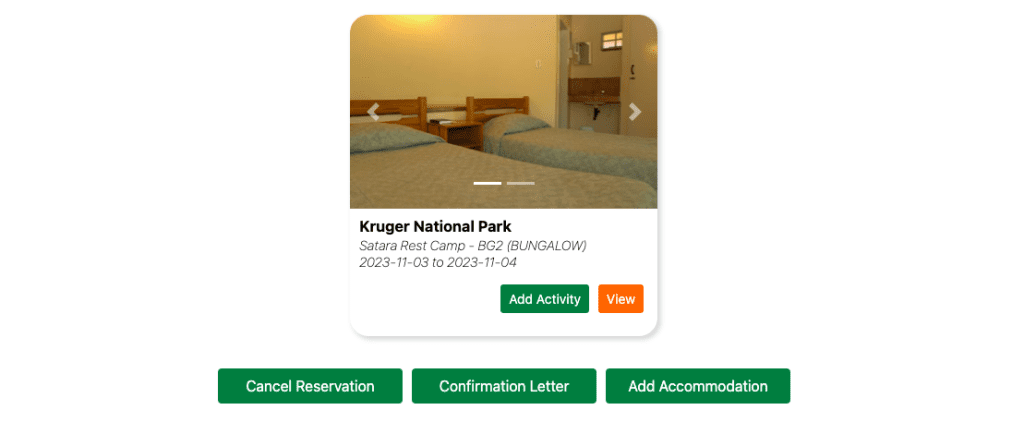 como añadir reservas a una reserva existente desde la pagina de sanparks en el kruger