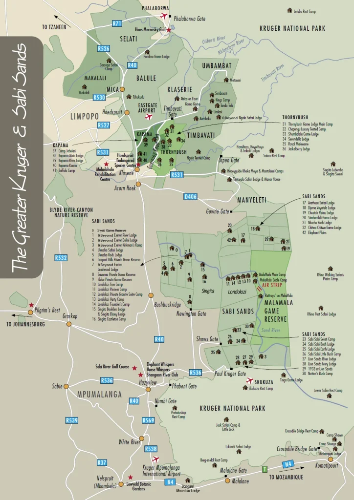 Mapa de reservas en el Kruger, Sudafrica