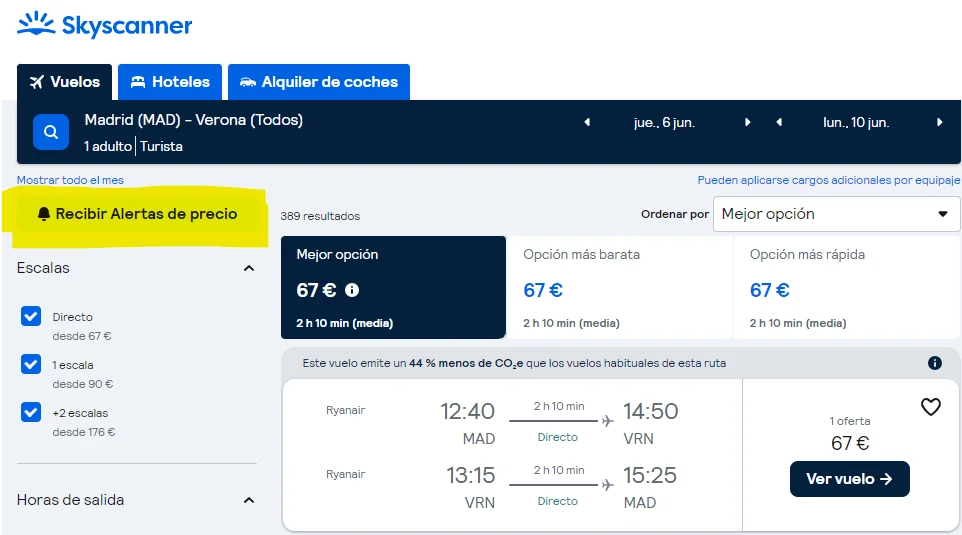 Alerta de precios Skyscanner