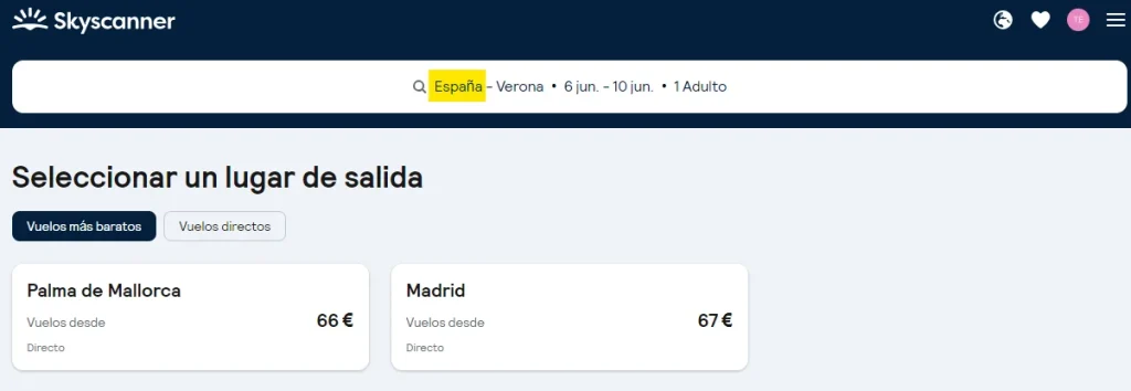 Busqueda de vuelos con Skyscanner, flexibilidad en el origen - país