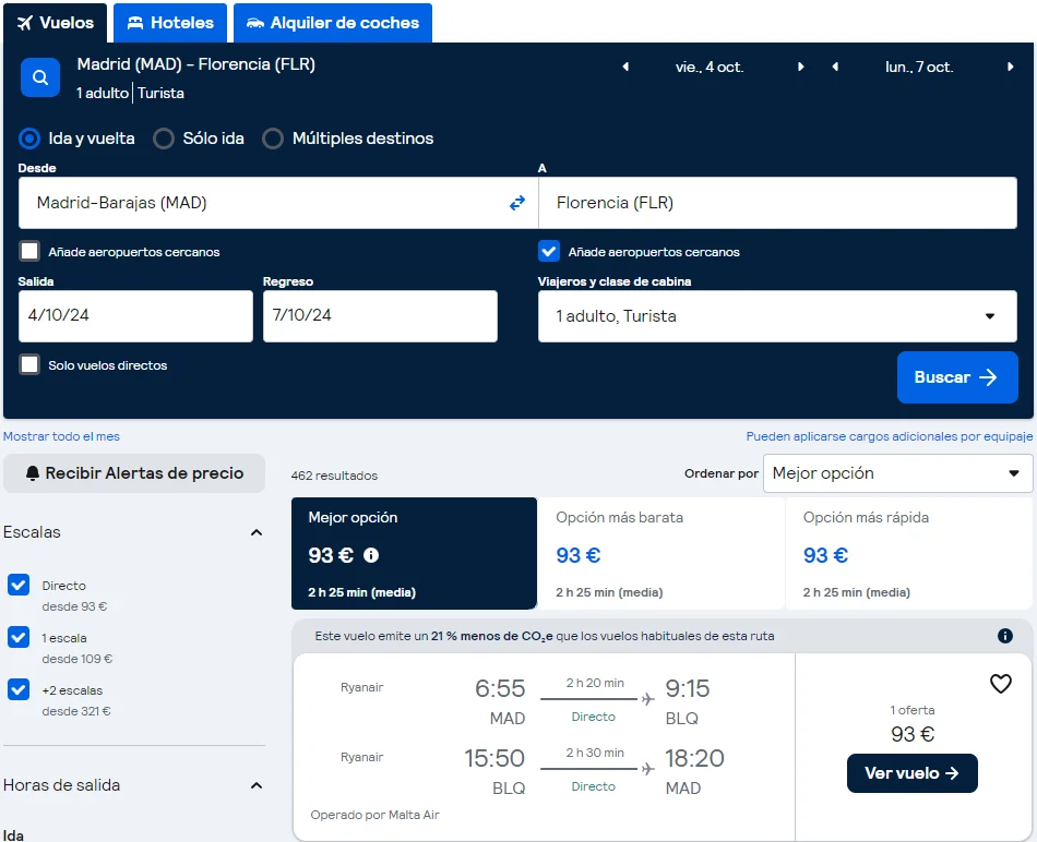 Busqueda de vuelos con Skyscanner, función de aeropuertos cercanos