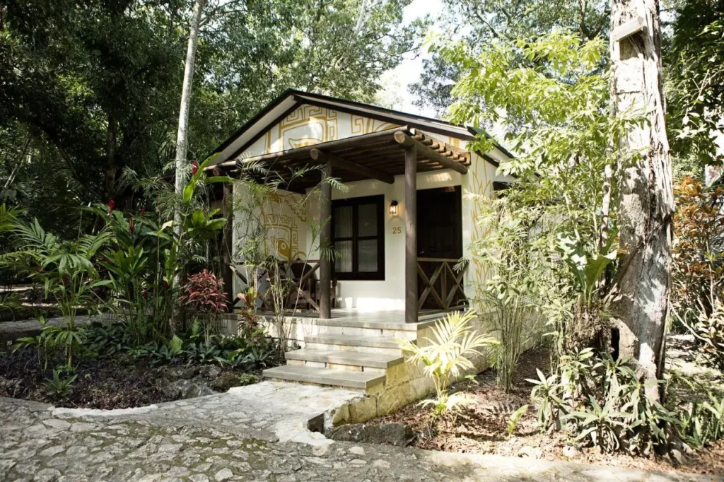 Cabaña en Tikal Petén Guatemala rodeada de vegetación tropical, perfecta para hospedarse en un ambiente natural y relajante.