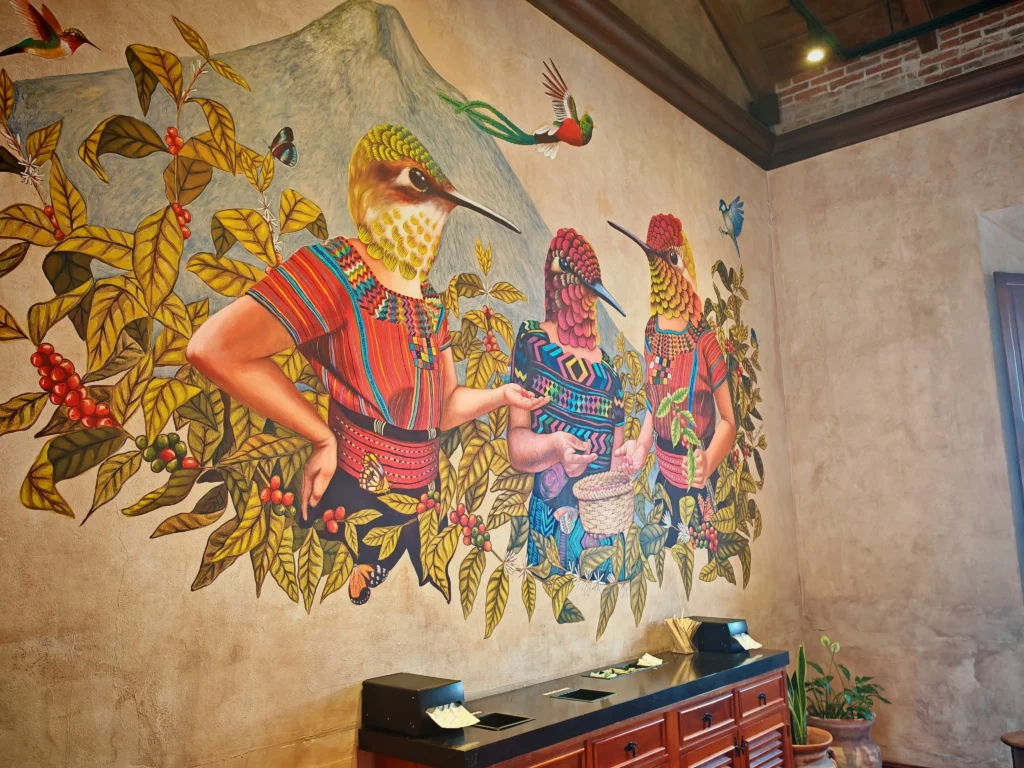 Mural de 3 pájaros quetzales con el volcán de Agua de fondo del Starbucks de Antigua Guatemala