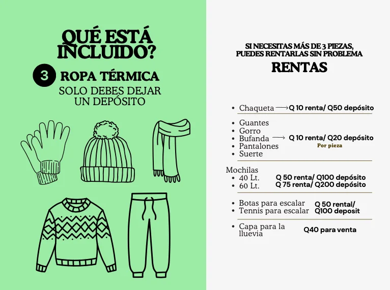 Tarifas y ropa incluida en el trek