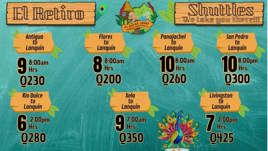 Precios shuttles Lanquin desde Antigua, Flores, Panajachel, Rio Dulce o Livingston