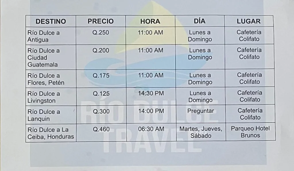 Horarios shuttle desde Rio Dulce, Guatemala