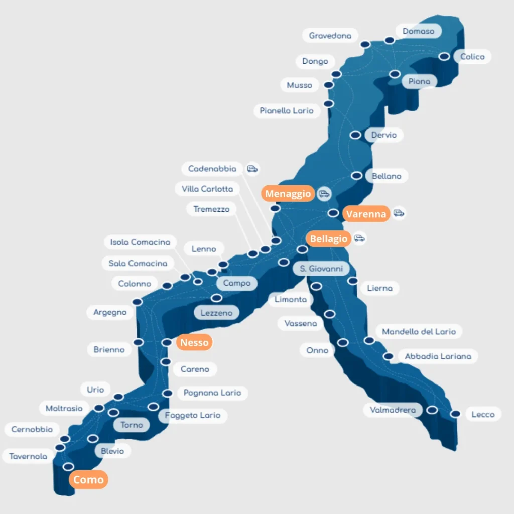 Mapa Lago di Como y el nombre de sus pueblos