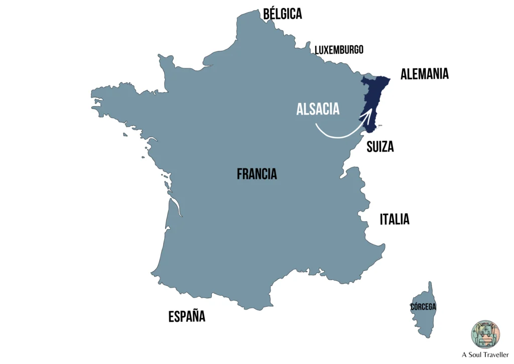 Mapa de situación de la región de Alsacia en el noreste de Francia